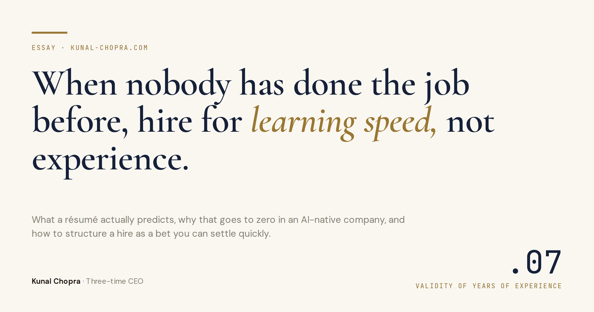 Title card on paper: the essay's title in navy with 'learning speed' in gold italics, and the number .07 labelled 'validity of years of experience'.