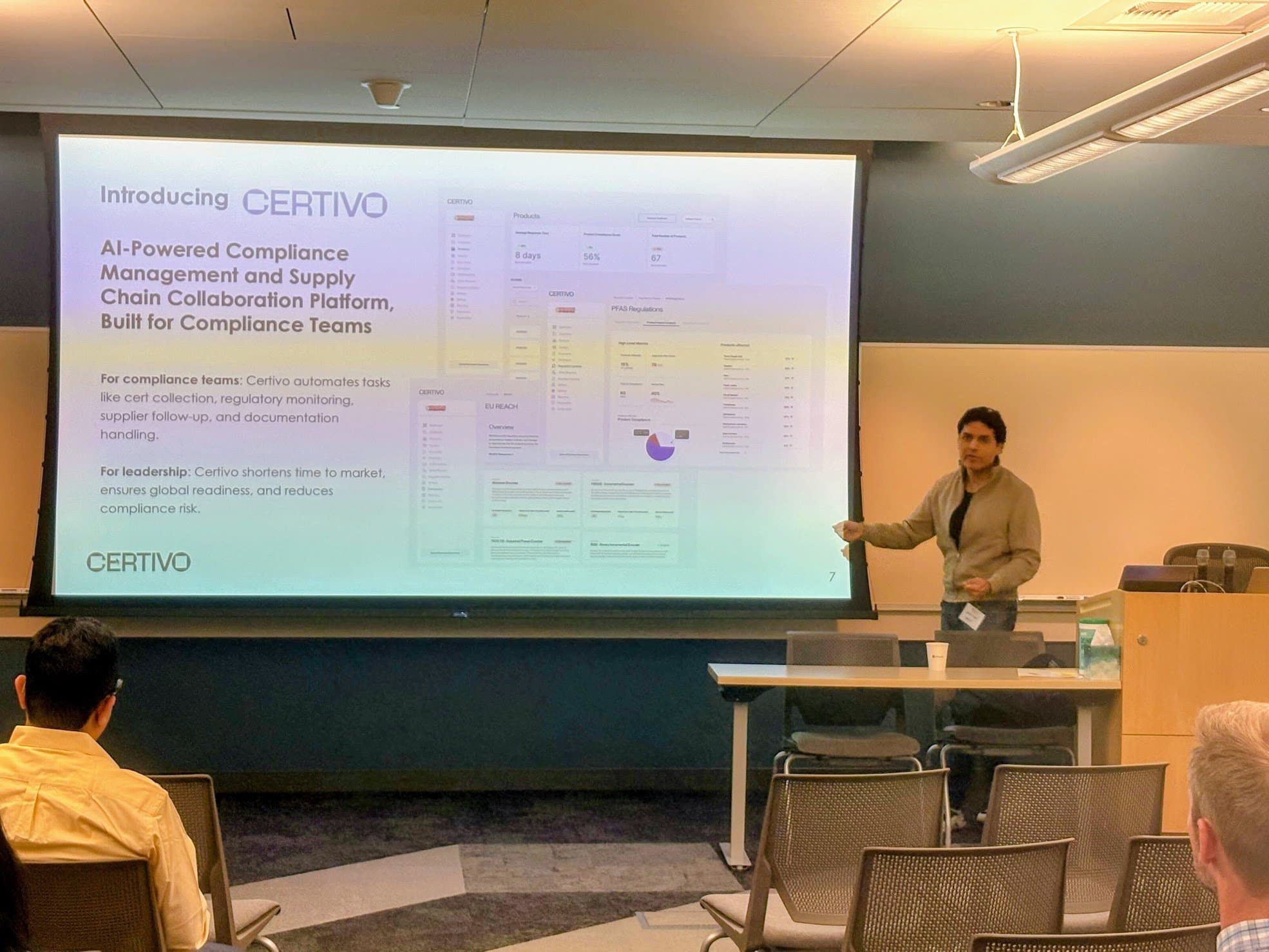 Kunal Chopra on stage presenting the Introducing Certivo product slide